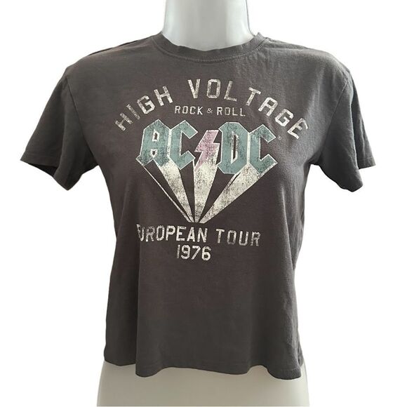 AC/DC Gray Graphic Band Baby Tee Short Sleeved Cropped Shirt - Picture 3 of 4
